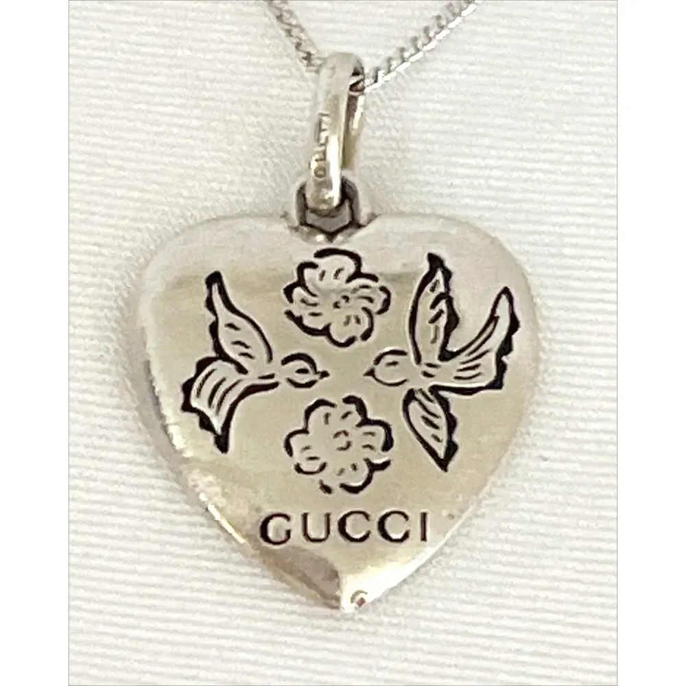 GUCCI 925 Sterling Silver Heart Necklace Pendant Floral & Bird Blind For Love